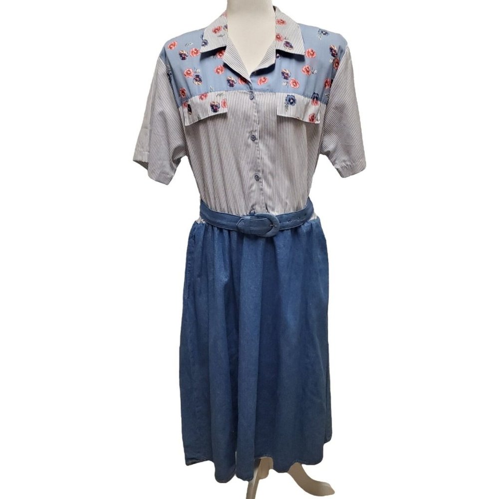 NWT Vintage 90s Tap & Co Dress Denim Skirt Floral Stripes Belt Midi Size 12